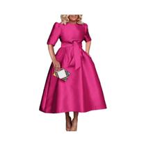 Vestido Midi Elegante De Cetim Para Mulheres, Manga Curta, Com Cinto, Solto, Cor Sólida, Casual De