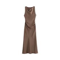 Vestido Midi Elegante De Cetim Sem Mangas Com Decote Drapeado Para Mulheres, Estilo Vintage Chique