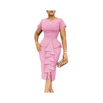 Vestido Midi Elegante Feminino Com Decote Em V E Mangas Curtas Com Babados Para Escritório Trabalho