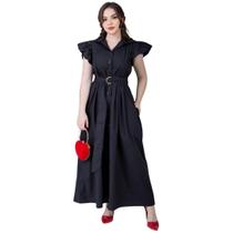 Vestido Midi Elegante Feminino Drapeado Gola Alta Com Cinto