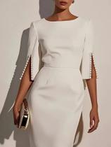Vestido Midi Elegante Feminino Slim Fit Em Cor Sólida Com Decote Redondo E Mangas Curtas Decoradas Vestido Midi Elegante Feminino Slim Fit Em Cor Sólida Com Decote Redondo E Mangas Curtas Decoradas