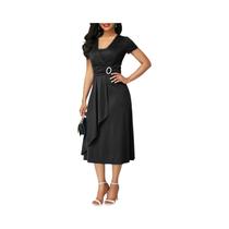 Vestido Midi Elegante Para Mulheres, Cor Sólida, Decote Em V, Manga Curta, Com Corte Assimétrico