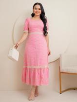 Vestido Midi Elegante Social Lese Algodão para Festa Decote Quadrado