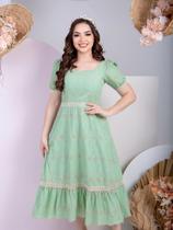 Vestido Midi Elegante Social Lese Algodão para Festa Decote Quadrado