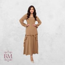 Vestido Midi, em Crepe, Areia, Mangas Longas, Elástico Punho, Decote V, Detalhe Saia, Forro, Feminine BM1277