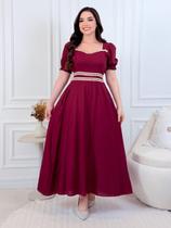 Vestido Midi em Linho com Guipir Manga Curta Princesa Cintura Marcada Moda Evangélica Cor:MarsalaTamanho:G2