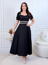Vestido Midi em Linho com Guipir Manga Curta Princesa Cintura Marcada Moda Evangélica Cor:PretoTamanho:G1
