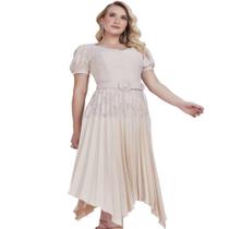 Vestido midi em renda com elastano evase e plissados fascinius Vestido midi em renda com elastano evase e plissados fascinius