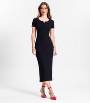 Vestido Midi Em Ribana Canelada Rovitex Preto