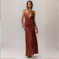 Vestido Midi Em Tule De Malha Decote V Profundo Franzido
