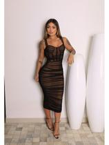 Vestido Midi em Tule Drapeado Decote Coração Vestido Midi em Tule Drapeado Decote Coração