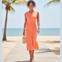 Vestido Midi em Viscose com Gola V e Sem Manga Cereja Rosa