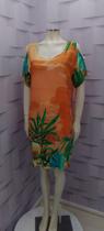 Vestido midi em viscose estampado com detalhe na manga .cor laranja tam 46