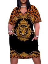 Vestido midi EQQZD, tamanho grande, feminino, estampa de tigre, decote em V, preto