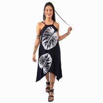 Vestido Midi Estampa Costela de Adão Assimético Feminino