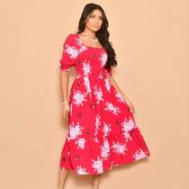 Vestido midi estampado crepinho lastex manga curto 0090
