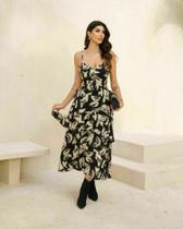 Vestido Midi Estampado em Viscolinho Preto com Alças Finas