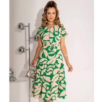 Vestido Midi Estampado Liz em Crepinho Verde