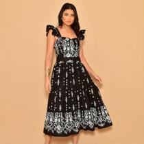 Vestido midi estampado tricôline com babada na manga 0012