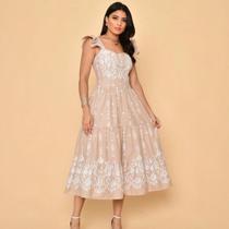 Vestido midi estampado tricôline com babada na manga 0012