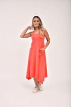 Vestido Midi Estonado Salmão com Bolso - Tamanhos P, M, G e GG