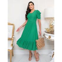 Vestido Midi Evangélico Manga Bufante Lese de Malha Festa