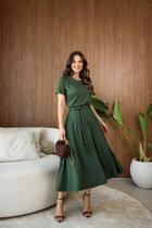 Vestido Midi Evangélico Tatá Martello Elaine Moletinho com Linho, Zíper na Cintura, Forrado, Modelagem Fluida