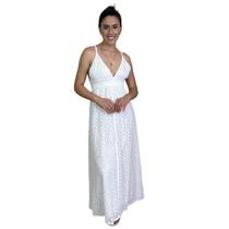 Vestido Midi Evasê Decote V Em Laise Off White Dzarm