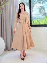 Vestido Midi Evasê Elegante Feminino com Casaquinho Moda Evangélica Cor:BegeTamanho:P