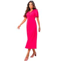 Vestido midi feminino botões liso com fenda frontal com forro elegante