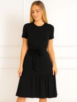 Vestido Midi Feminino com Amarração na Cintura, Manga Curta em Malha Confortável