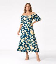 Vestido Midi Feminino Com Detalhe Amarração Donna Azul