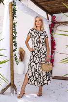 Vestido Midi Feminino Craquelado Estampado Moda Feminina Bolso Max Manga Curta 38 a 48 Moda Verão Lançamento Feminino Lindo