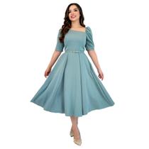 Vestido Midi Feminino de Alfaiataria Com Elastano Manga Princesa Decote Quadrado Acompanha Cinto