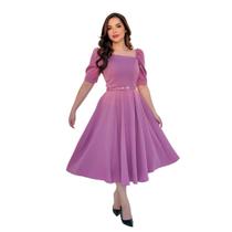 Vestido Midi Feminino de Alfaiataria Com Elastano Manga Princesa Decote Quadrado Acompanha Cinto