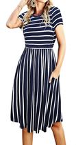Vestido midi feminino de malha de verão, bolso, professor, trabalho, casual, listrado, azul marinho, XXL Vestido midi feminino de malha de verão, bolso, professor, trabalho, casual, listrado, azul marinho, XXL