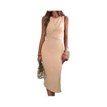 Vestido Midi Feminino Elegante De Verão Sem Mangas Com Laço Franzido Nas Costas E Fenda, Gola Vestido Midi Feminino Elegante De Verão Sem Mangas Com Laço Franzido Nas Costas E Fenda, Gola