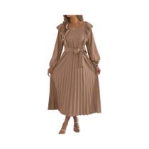 Vestido Midi Feminino Elegante Evasê Primavera Verão Casual Férias Manga Longa Cintura Marcada