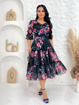 Vestido Midi Feminino Elegante Social Evangélico com Manga Princesa