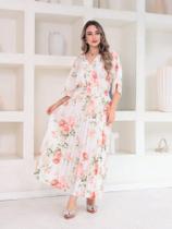 Vestido Midi Feminino estampado com botão Manga Curto Plissado 0028