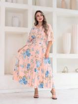 Vestido Midi Feminino estampado com botão Manga Curto Plissado 0028