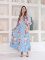 Vestido Midi Feminino estampado com botão Manga Curto Plissado 0028