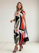 Vestido Midi Feminino Estampado Moda Verão Soltinho Vestido Longo Multicolorido Moda Feminina Lançamento 38 a 48 Com Bolso