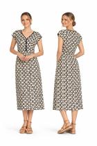 Vestido Midi Feminino Estampado Rovitex em Viscose com Gola V
