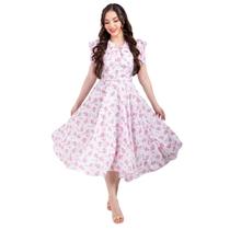 Vestido Midi Feminino Floral Romântico Modesto Elegante Delicado Gola V Com Babado
