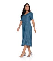 Vestido Midi Feminino Jeans Médio Rovitex com Manga Curta e Babado