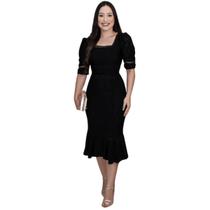 Vestido Midi Feminino Justo Slim Sereia Manga Princesa