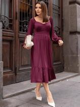 Vestido Midi Feminino Manga Longa Bufante Romantic Fofo Bainha com babado Vestido Midi Feminino Manga Longa Bufante Romantic Fofo Bainha com babado