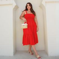 Vestido Midi Feminino Plus Size Soltinho Com Lastex Alça Ajustável Babado Festa Verão