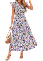 Vestido midi feminino PRETTYGARDEN 2025 floral com decote em V com babados